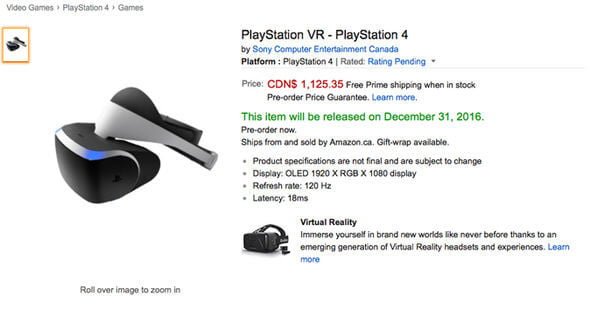 PS4 VR AMazon Canada